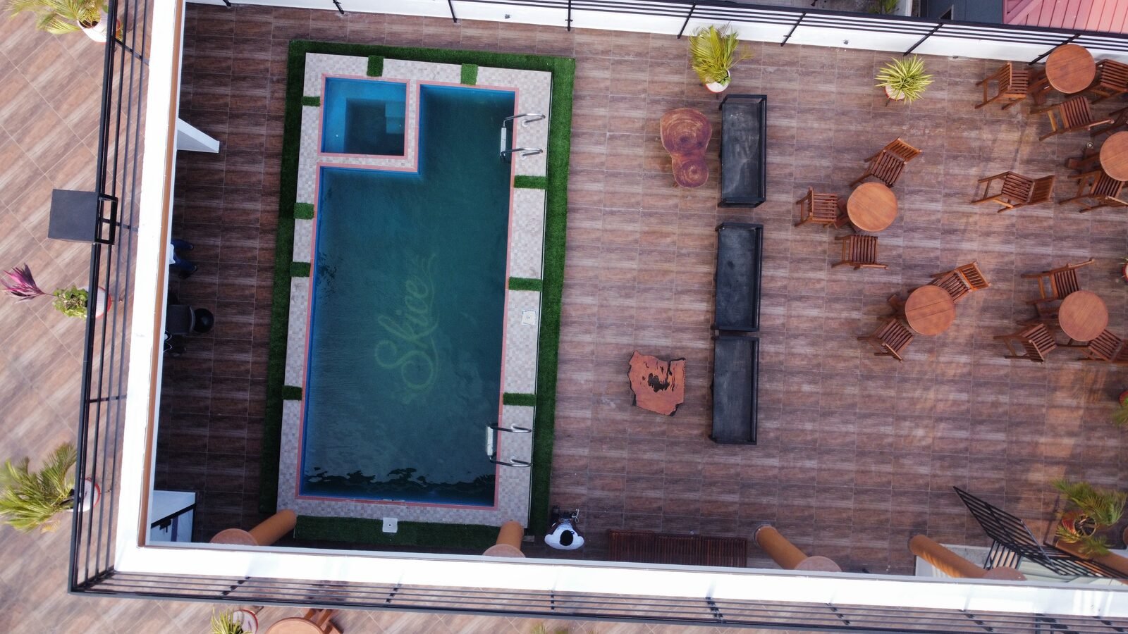 Aerial view of the Skice pool and lounge seating